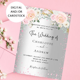 Convites Florais cor-de-rosa-prata brilham casamento elegan