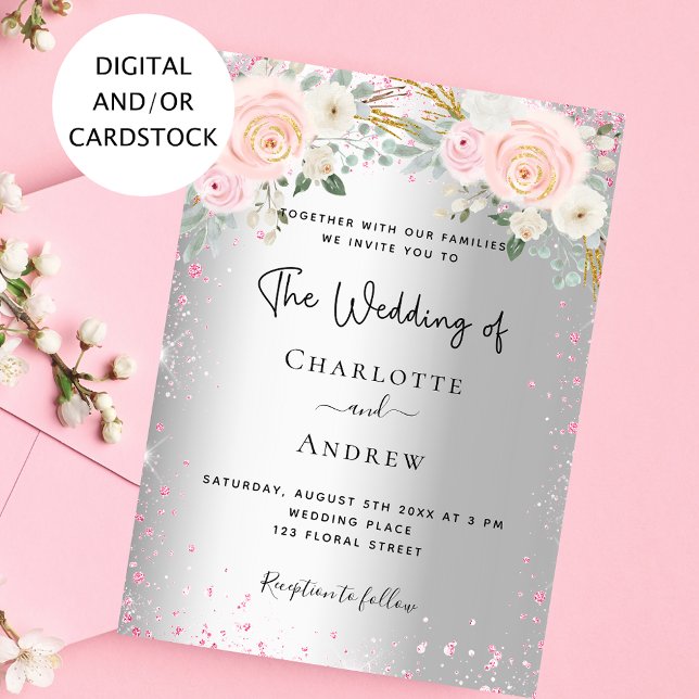 Convites Florais cor-de-rosa-prata brilham casamento elegan (Criador carregado)