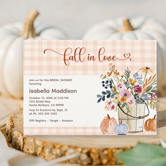 Convites Florais da Bomba de Amor Outono Abóboras Aquarela  (Fall In Love - Bridal Shower Invitation - Watercolor pumpkins and florals on an orange gingham.)