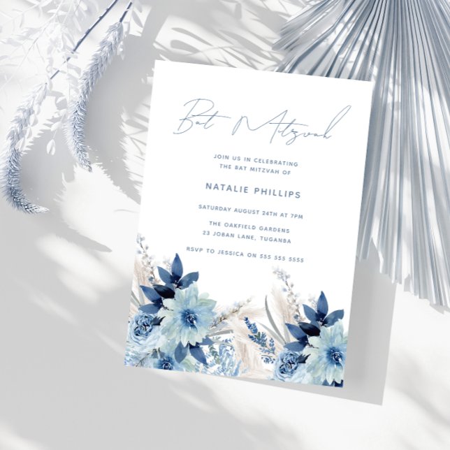 Convites Florais de Aquarela Azul Empoeirado Bat Mitzvah (Criador carregado)