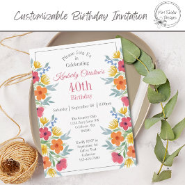 Convites Florais de Aquarela Brilhante aniversário de 40 an
