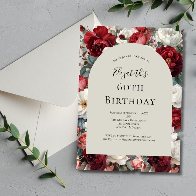 Convites Florais de Aquarela Vermelho Branco para o 60º Ani (Red White Watercolor Florals Arch 60th ( or any year ) birthday invitation her. Printed or Digital)