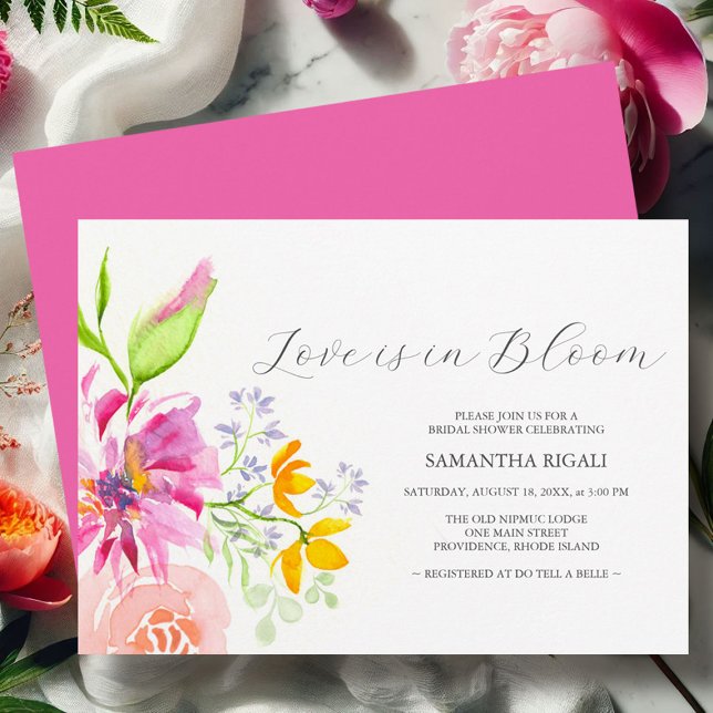 Convites Florais de Chá de Noiva O Amor Está em Fe (Love is in bloom bridal shower invitations watercolor art by Victoria Grigaliunas of Do Tell A Belle)