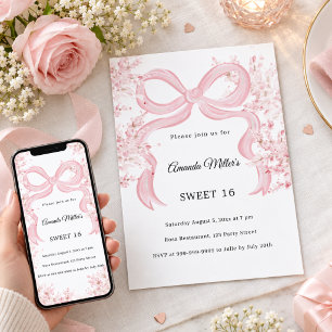 Convites Florais de laço rosa Doodle Sweet 16