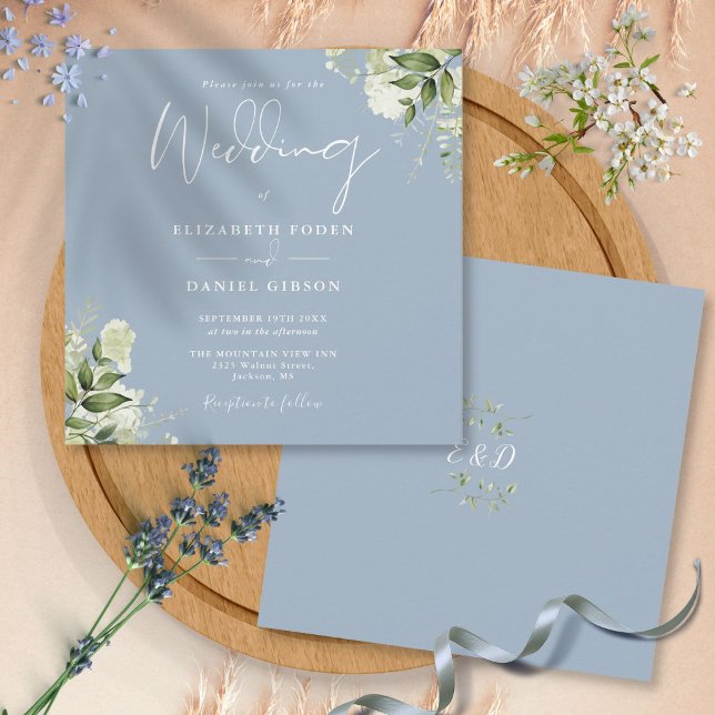 Convites Florais de Monograma Verde-azulado em Pó Quadrado  (Dusty Blue Greenery Floral Monogram Square Wedding Invitation)
