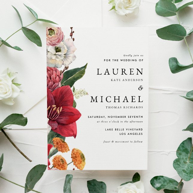 Convites Florais de outono com Casamento de Código QR de Am (Fall-inspired QR code wedding invitation with amaryllis, chrysanthemums, ranunculus, and lisanthus. )