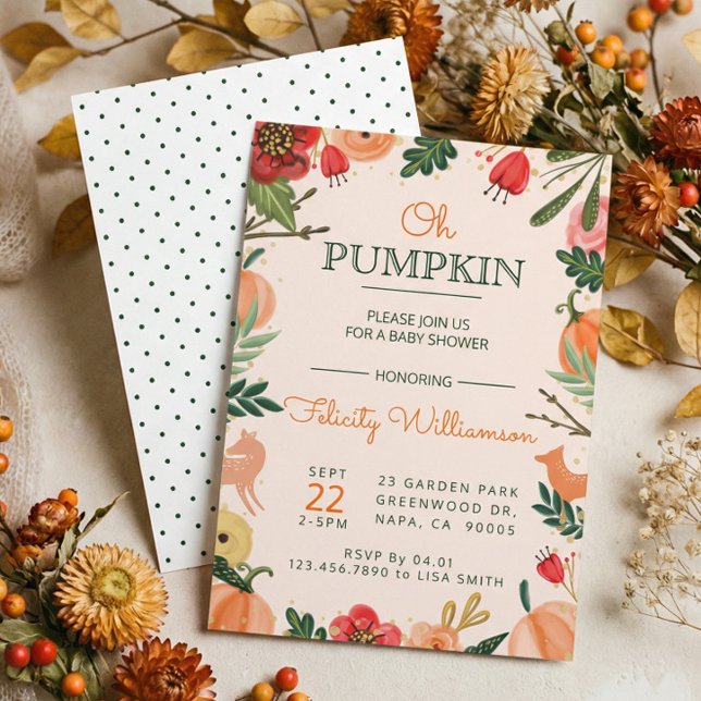 Convites Florais de outono e Chá de fraldas de Abóbora de F (Cute Fall Autumn Floral Pumpkin Patch Baby Shower Invitation)