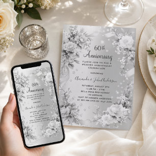 Convites florais de prata de diamante de 60 anos de casamen