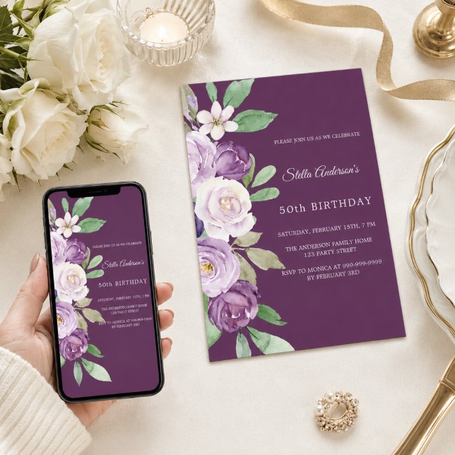 Convites Florais de violeta roxa de aniversário (Criador carregado)