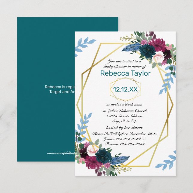 Convites Florais Desabrocham Mod Vert Teal - 3x5 Chá de Beb (Frente/Verso)
