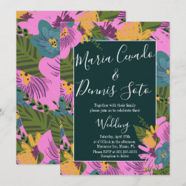 Convites Florais Desenhados à Mão Casamento Verde Bold Rosa