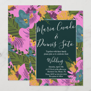 Convites Florais Desenhados à Mão Casamento Verde Bold Rosa