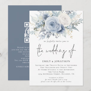 Convites Florais Elegantes Código QR Casamento Azul Dusty