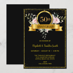 Convites Florais Elegantes Preto Dourado 50º Aniversário