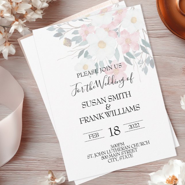 Convites Florais em Aquarela Rosa e Branco Rústico Elegante (Watercolor Floral Wedding Invite)