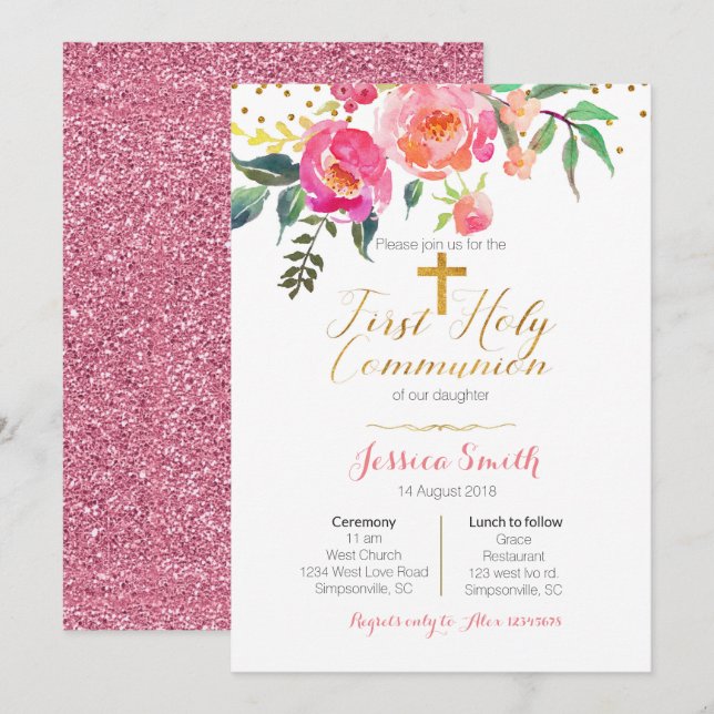 Convites Florais em Primeira Sagrada Comunidade (Frente/Verso)