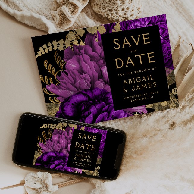 Convites Florais Escuros Roxo Dourado Casamento Salve a Dat (Criador carregado)