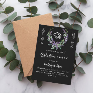 Convites Florais lavanda preto e branco Festa de Graduação 