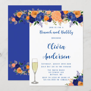 Convites Florais marinho Azul e Laranja Brunch e Bubble