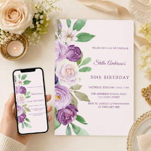 Convites Florais rosa bege roxo aniversário