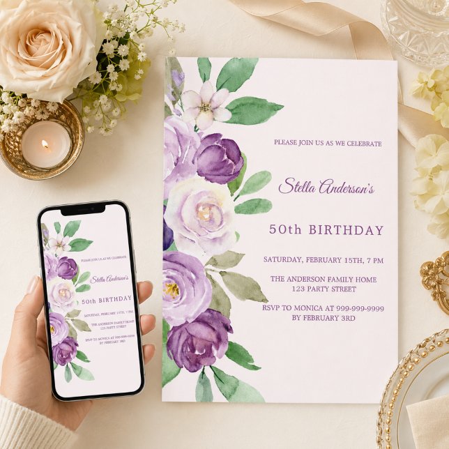 Convites Florais rosa bege roxo aniversário (Criador carregado)