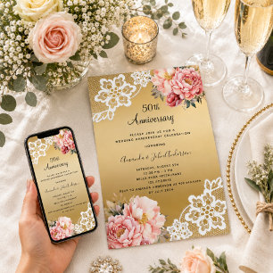 Convites Florais rosa dourado 50º aniversário de casamento
