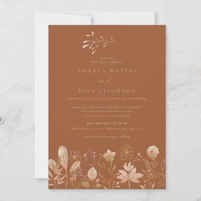 Convites Florais rosa Dourados | Boho Flower Casamento Eleg (Frente)