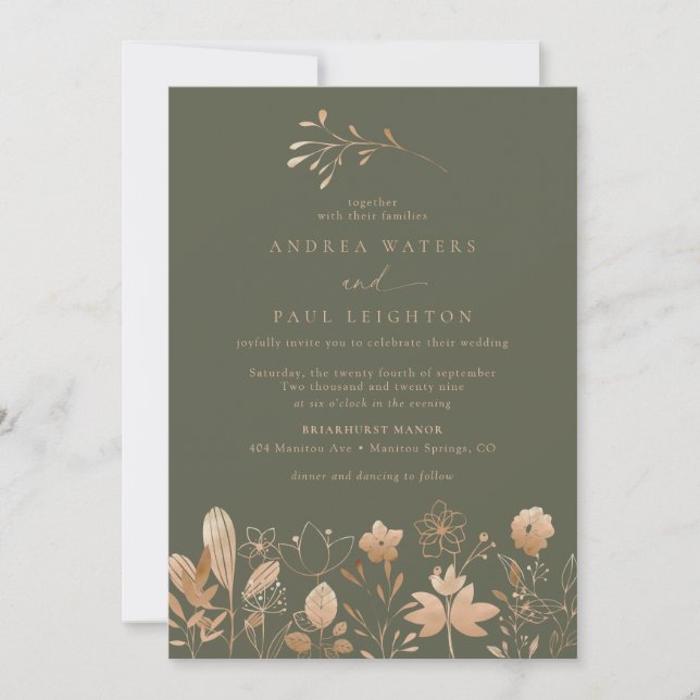 Convites Florais rosa Dourados | Boho Flower Casamento Eleg (Frente)