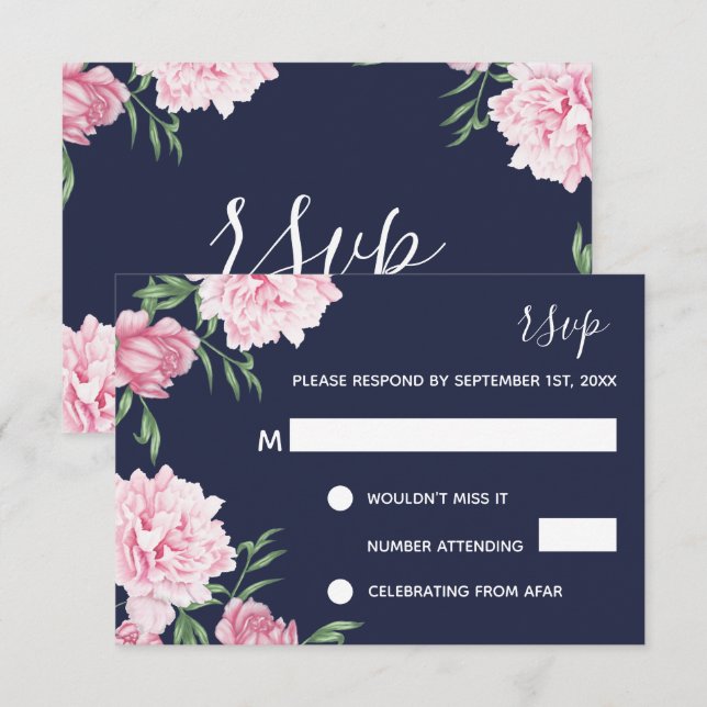 Convites Florais Rosa & Fundo Azul-Marinho | RSVP (Frente/Verso)