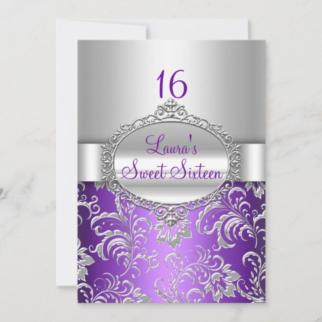 Convites Florais Roxo e Prata para Sweet 16 (Frente)