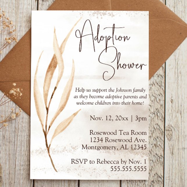 Convites Florais Secos Boho Adoptivos Bebê/Chá Infantil (adoption baby shower invitation with brown script text and boho dried floral elements)