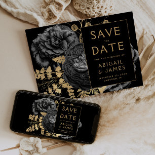 Convites Florais Sombrios Preto e Dourado para Casamento Sa