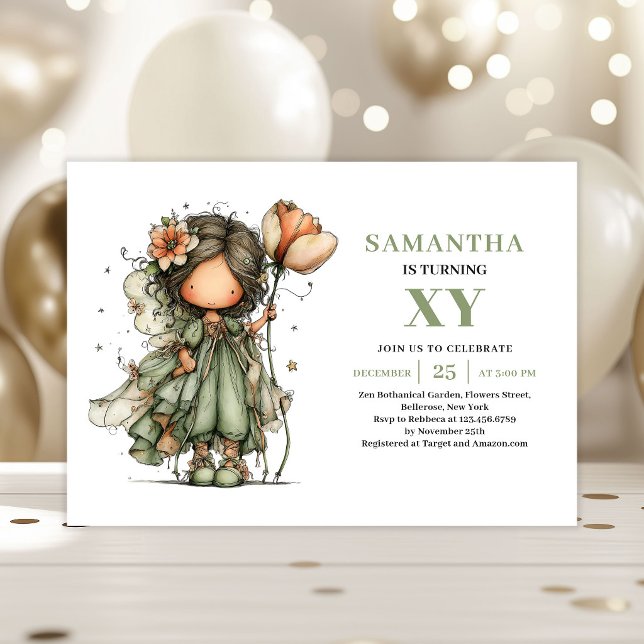 Convites Florais Verdes de Aniversário de Menina F (Magical Fairy Girl Birthday Floral Green Invitation)