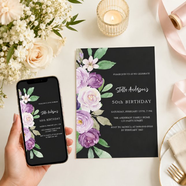 Convites Florais violeta roxo preto de aniversário (Criador carregado)