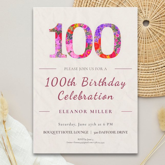 Convites Floral 100th Birthday - Elegant Celebration (Criador carregado)