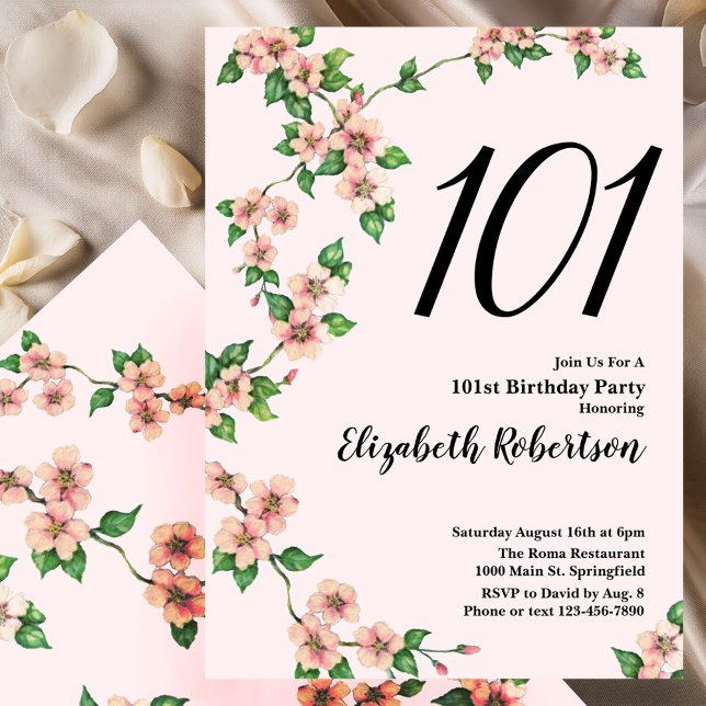 Convites Floral 101st Birthday Invitation in Blush Pink (Criador carregado)