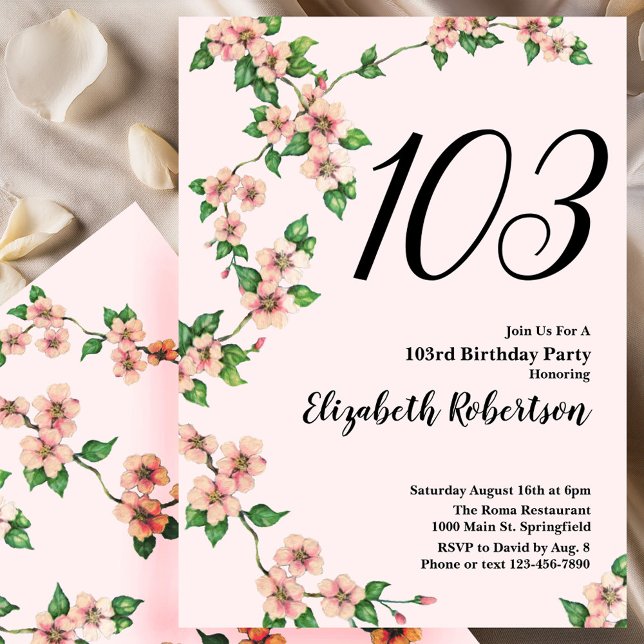 Convites Floral 103rd Birthday Invitation in Blush Pink (Criador carregado)