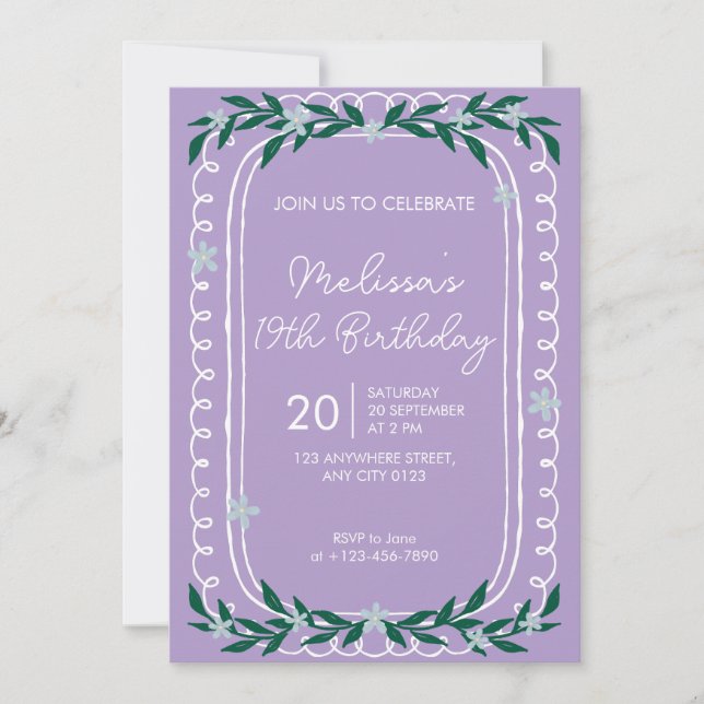 Convites Floral 19th Birthday Invitation Lilac Coquette (Frente)
