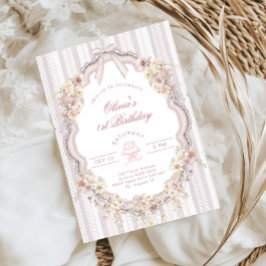 Convites Floral 1st Birthday Bow Photo Invitation