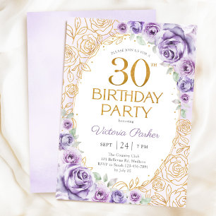 Convites Floral 30 Anos Lilás Roxo Dourado