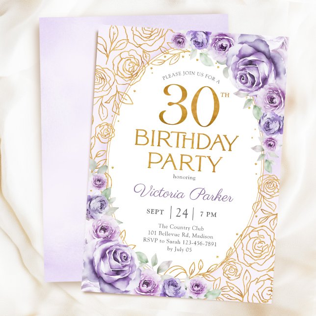 Convites Floral 30 Anos Lilás Roxo Dourado (Criador carregado)
