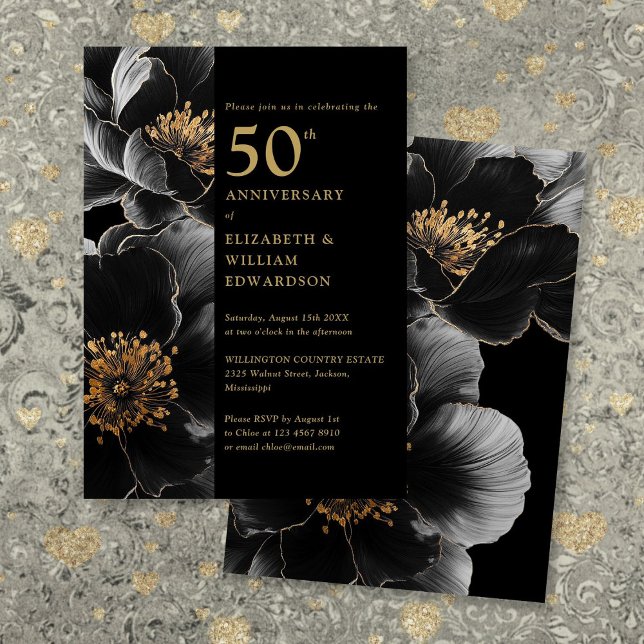 Convites Floral 50º Aniversário Preto e Dourado (Black And Gold Elegant Floral 50th Anniversary Invitation)