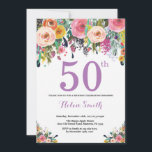 Convites Floral 50º Aniversário Púrpura<br><div class="desc">50º Aniversário Floral Convite para Mulheres. Flor Floral de Aquarela. Rosa, Amarelo, Laranja, Flor Roxo. Aniversário Adulto. 30 40th 50th 60th 80 de 70 de 100th 13 de 16th 18th 20 21rua de qualquer idade. Para mais personalização, clique no botão "Personalizar" e use nossa ferramenta de design para modificar este...</div>