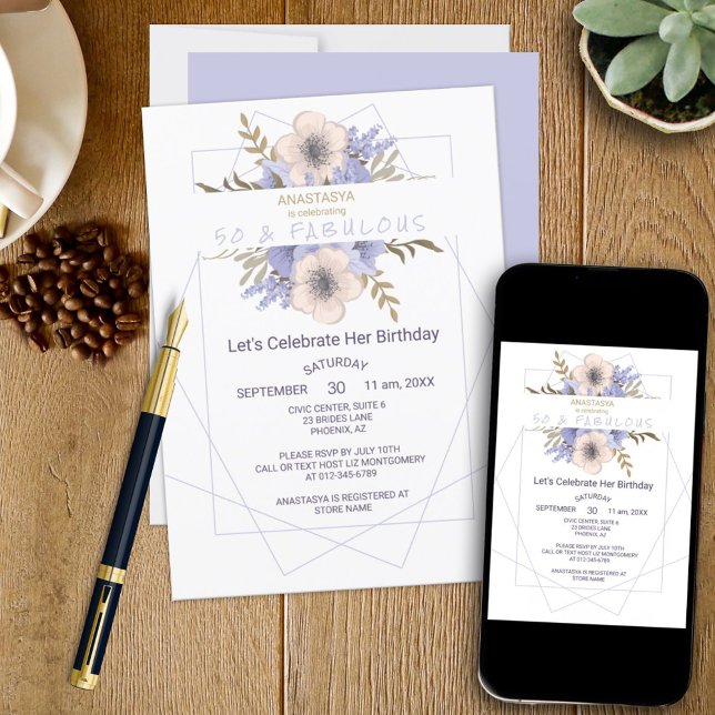 Convites Floral 50 e Fabuloso Rosa de Pêssego Violeta Anive (This template birthday invitation can be ordered as a printed product and / or downloadable.)