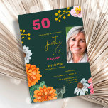 Convites Floral 50th Birthday Party Invitation Photo<br><div class="desc">Celebrate a milestone in style with this elegant 50th birthday party invitation featuring a modern floral design, bold colors and a personalized photo. The rich green background combined with vibrant flowers creates a sophisticated yet cheerful look, perfect for a stylish birthday celebration. Ideal for women’s 50th birthday parties, garden celebrations,...</div>