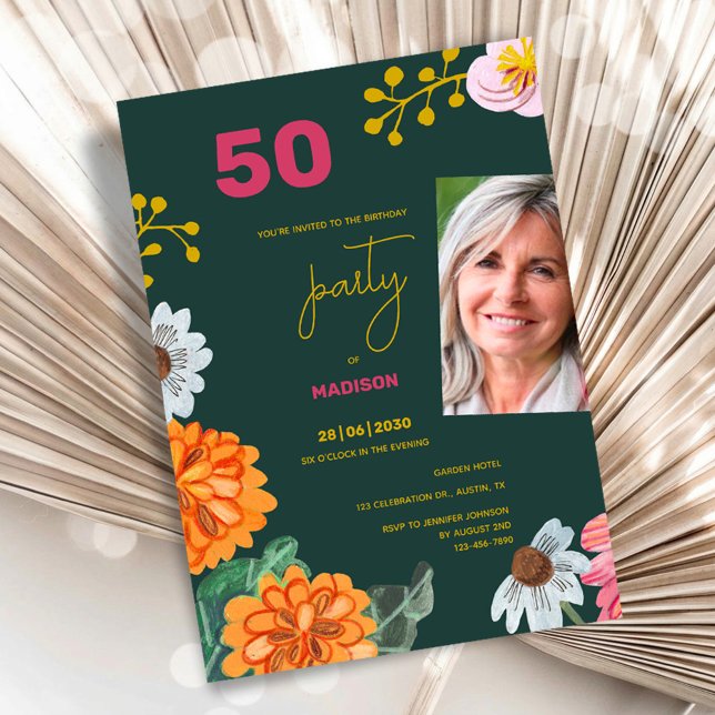 Convites Floral 50th Birthday Party Invitation Photo (50th Birthday Party Invitation Floral Photo Style)