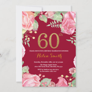 Convites Floral 60º Aniversário Dourado Brilhante Vermelho