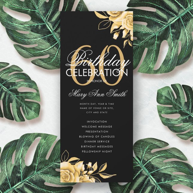 Convites Floral 60º Programa de Aniversário Dourado e Preto (Criador carregado)