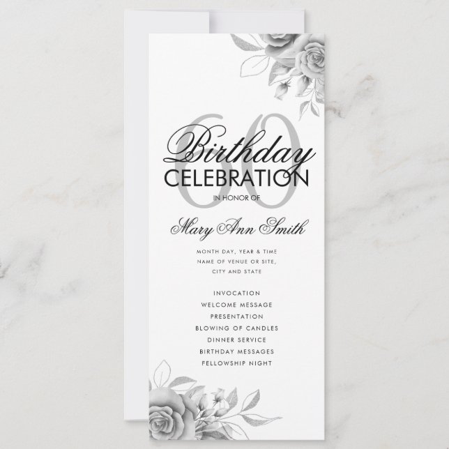 Convites Floral 60º Programa de Aniversário Prata c/ Menu (Frente)