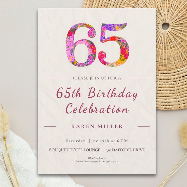 Convites Floral 65th Birthday - Elegant Celebration (Criador carregado)